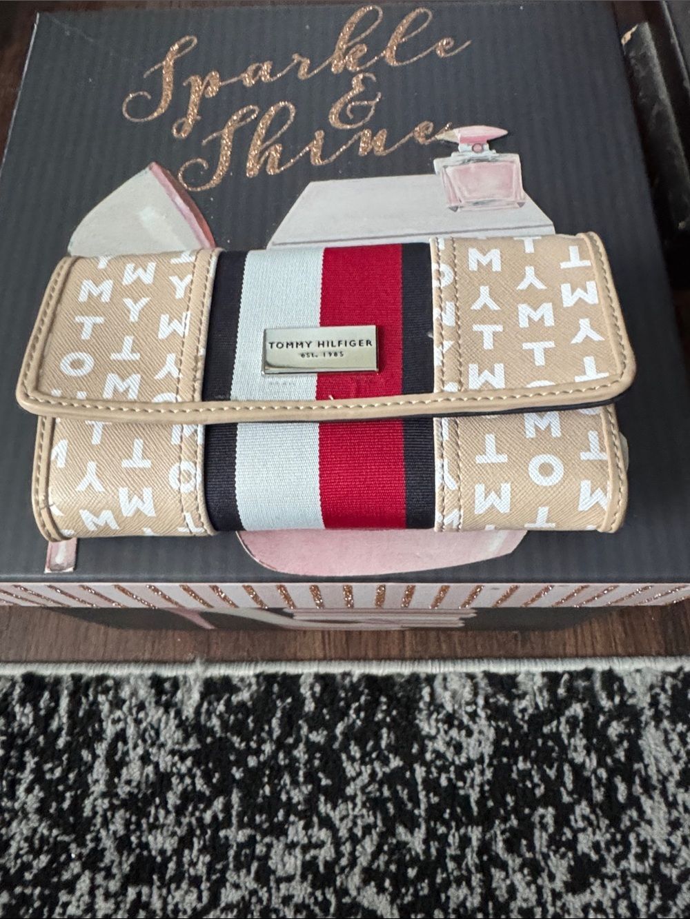 Tommy Hilfiger Beige Monogram Tri-Fold Wallet with Red, White & Navy Stripe